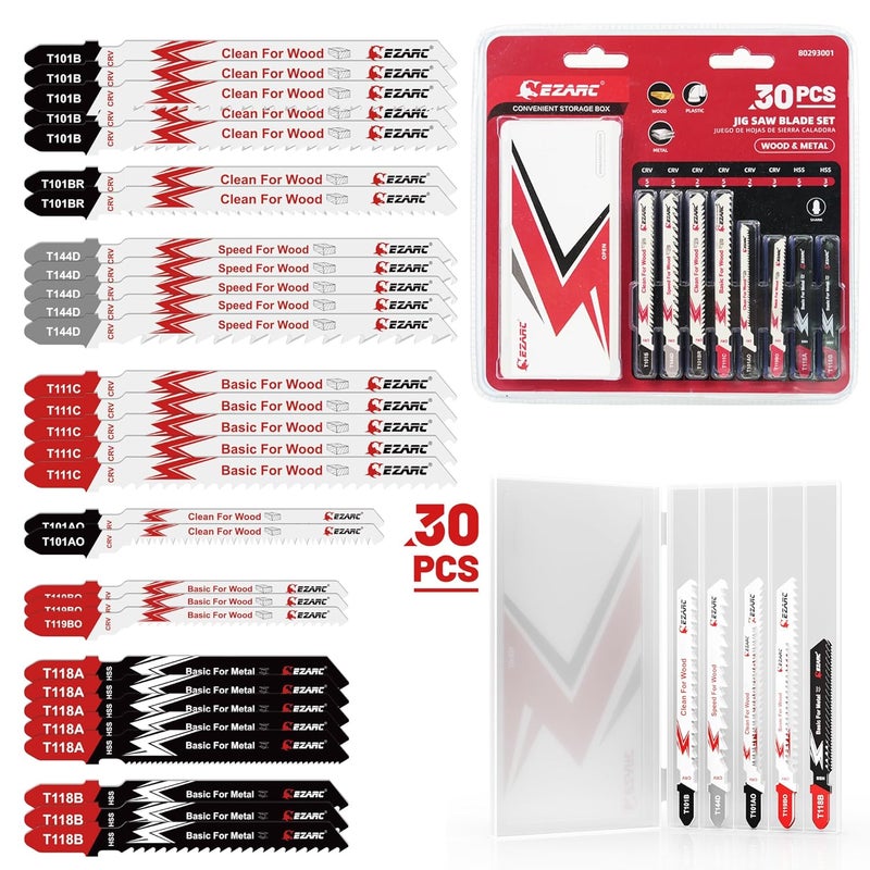 EZARC Jigsaw Blades Set 30pcs with Storage Case, Assorted T-Shank Replacement Jig Saw Blades for Cutting Wood, Plastic and Metal - Image 1